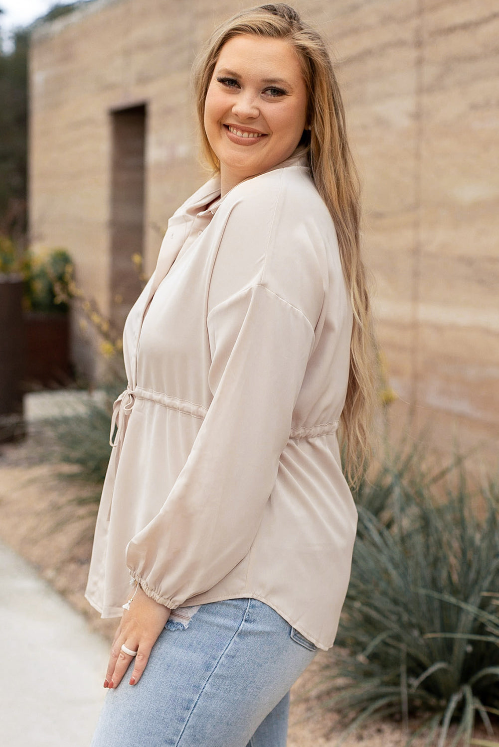 Light French Beige Plus Size Puff Sleeve Tied Tunic Shirt | Flaxen