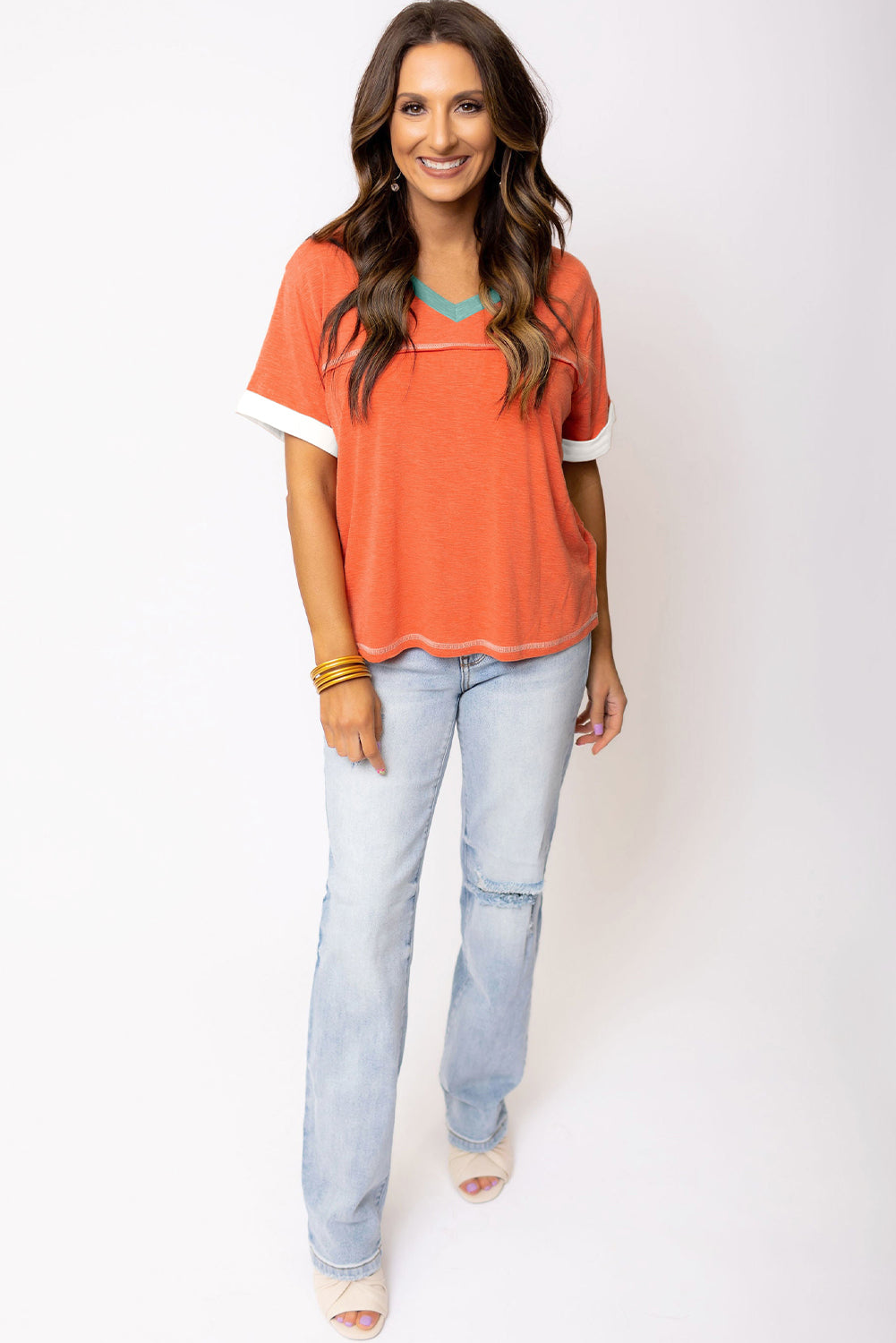 Contrast Trim Exposed Seam V Neck T-Shirt | Grapefruit Orange