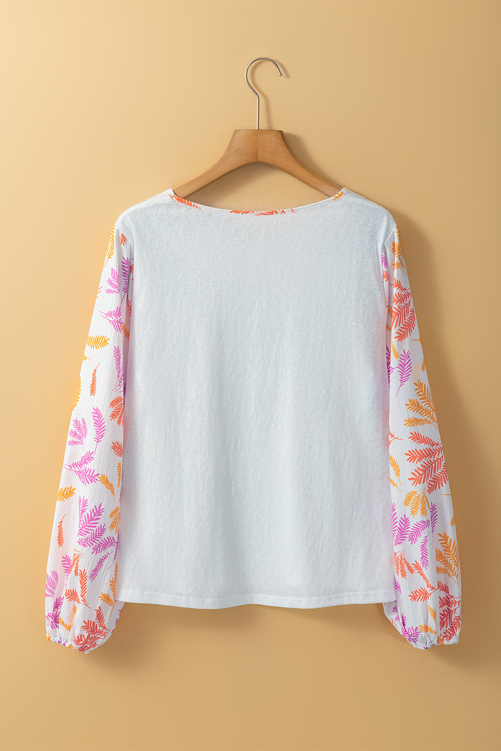 Tropical Leaf Printed Patchwork Sleeve Round Neck Top | White