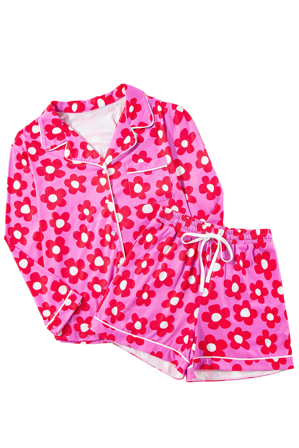 Flower Print Long Sleeve Shirt Shorts Pajamas Set | Pink