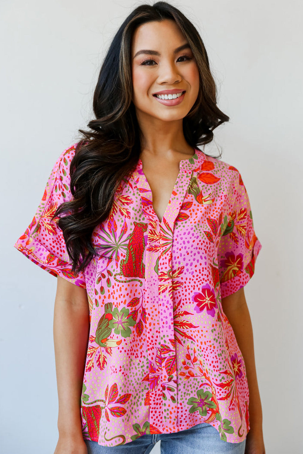 Jungle Floral Print Notch V Neck Blouse | Rose