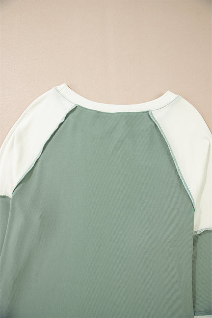 Ribbed Colourblock Patchwork Raglan Long Sleeve Top | Mint Green