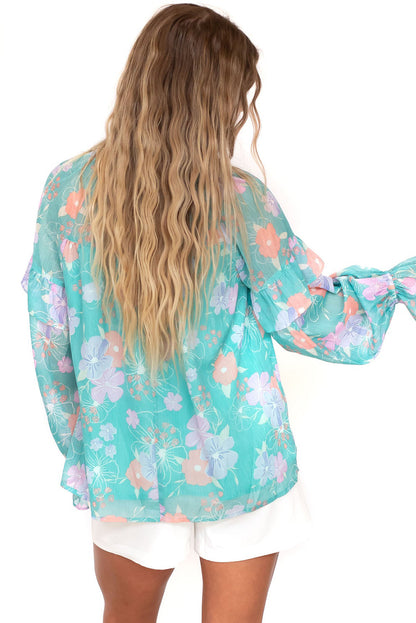 Floral Split Neck Ruffled Puff Sleeve Blouse | Sky Blue