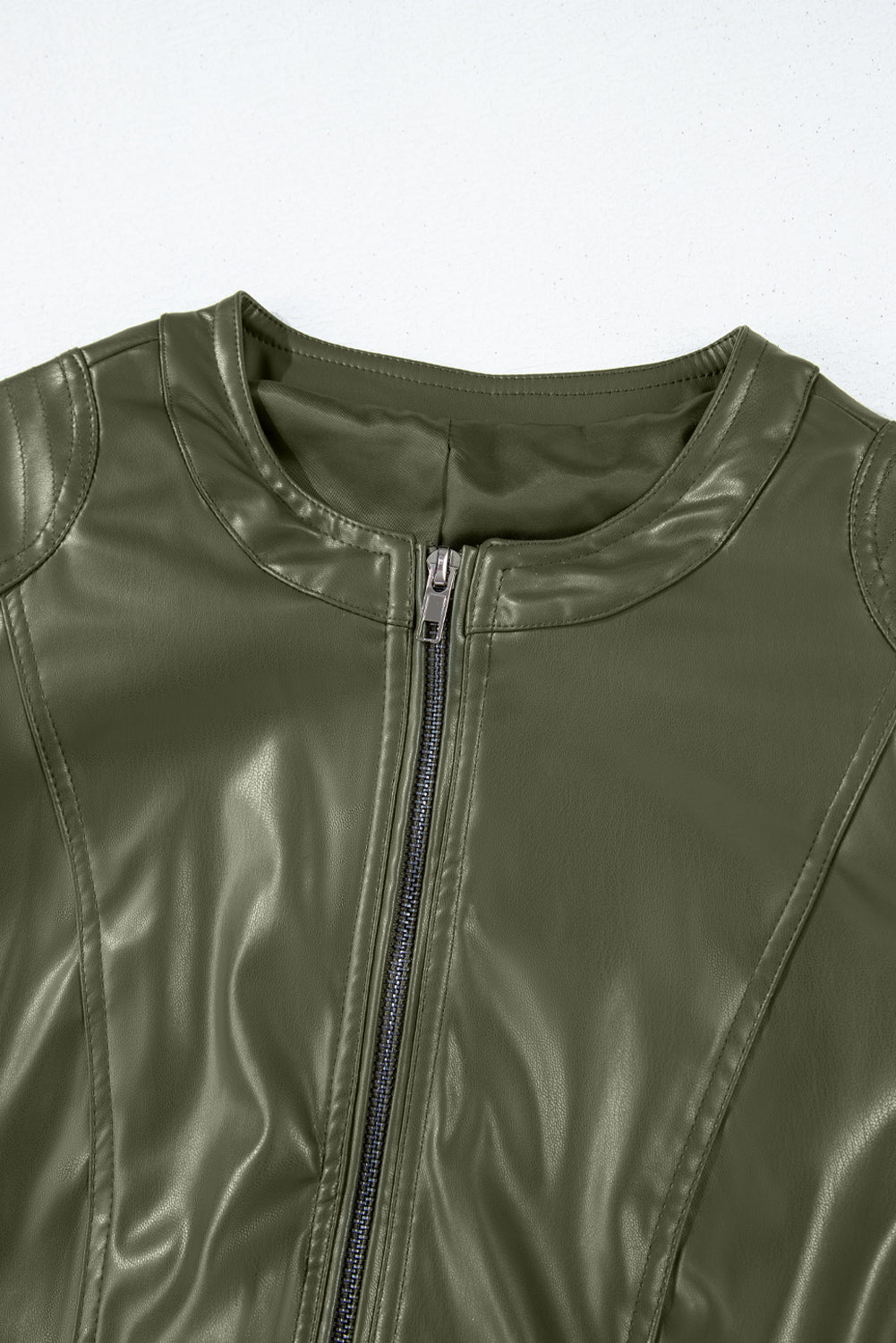 Solid Faux Leather Zipper Slim Fit Bomber Jacket | Sage Green