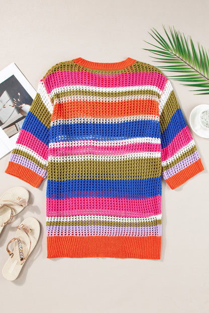 Colourblock Hollowed Crochet 3/4 Sleeve Sweater | Orange Stripe