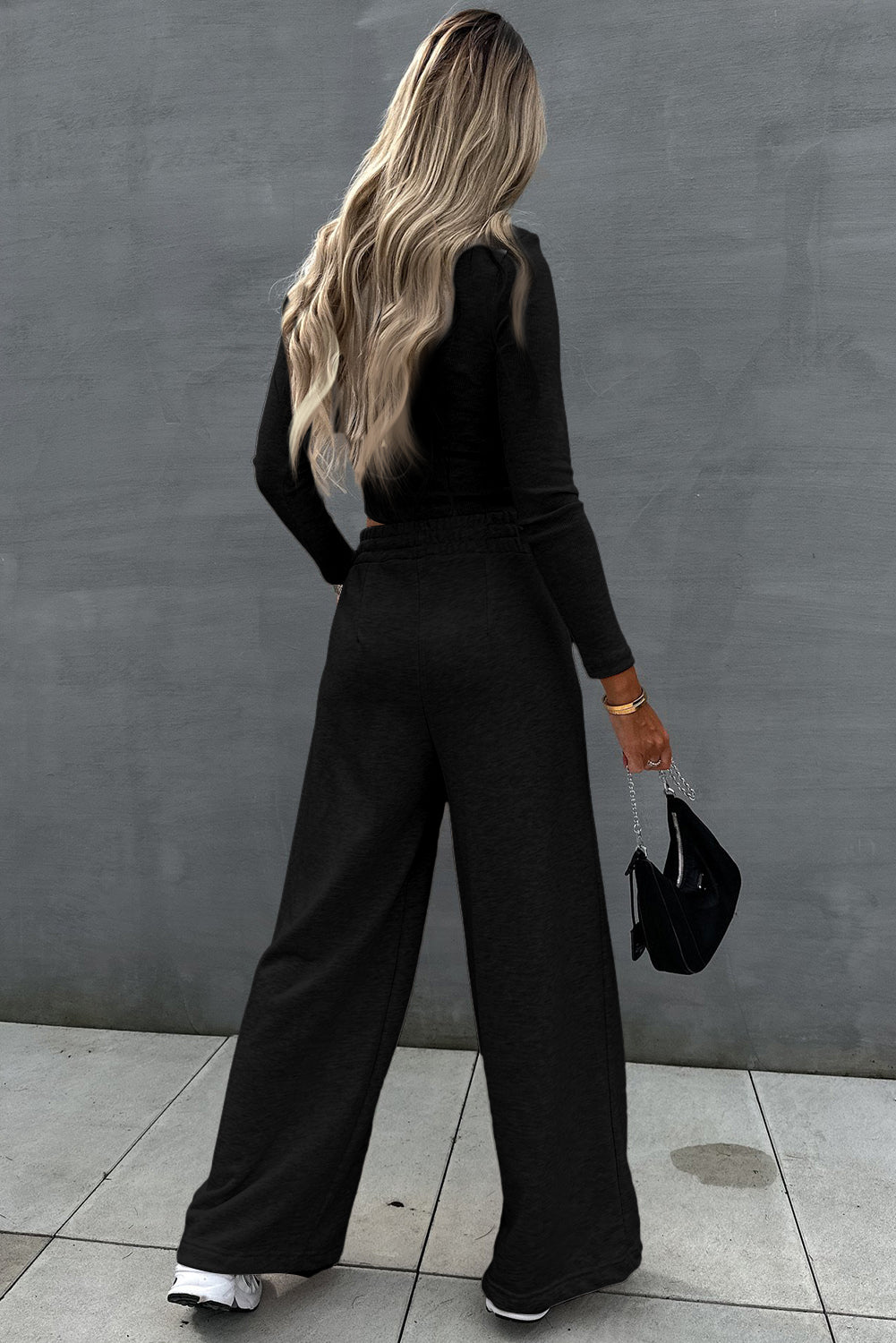 Crop Top And Wide Leg Pants Two Piece Set | Black