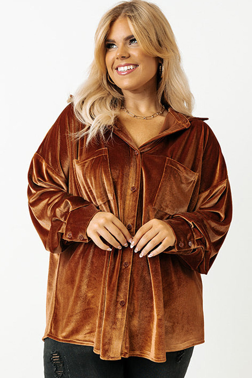 Plus Size Velvet Chest Pocket Drop Shoulder Shirt | Chestnut