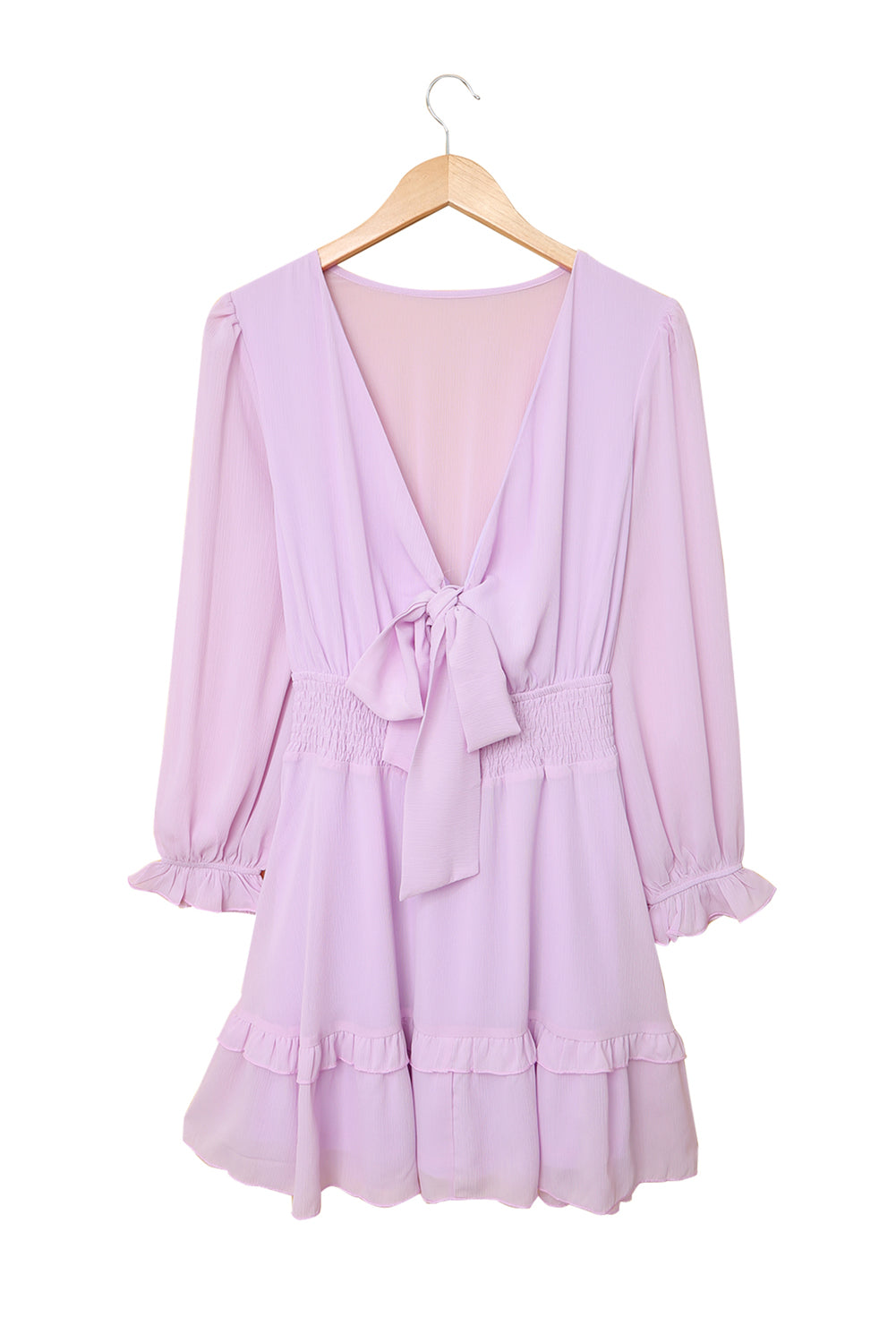 Deep V Neck Lantern Sleeve Knotted Tiered Mini Dress | Pink