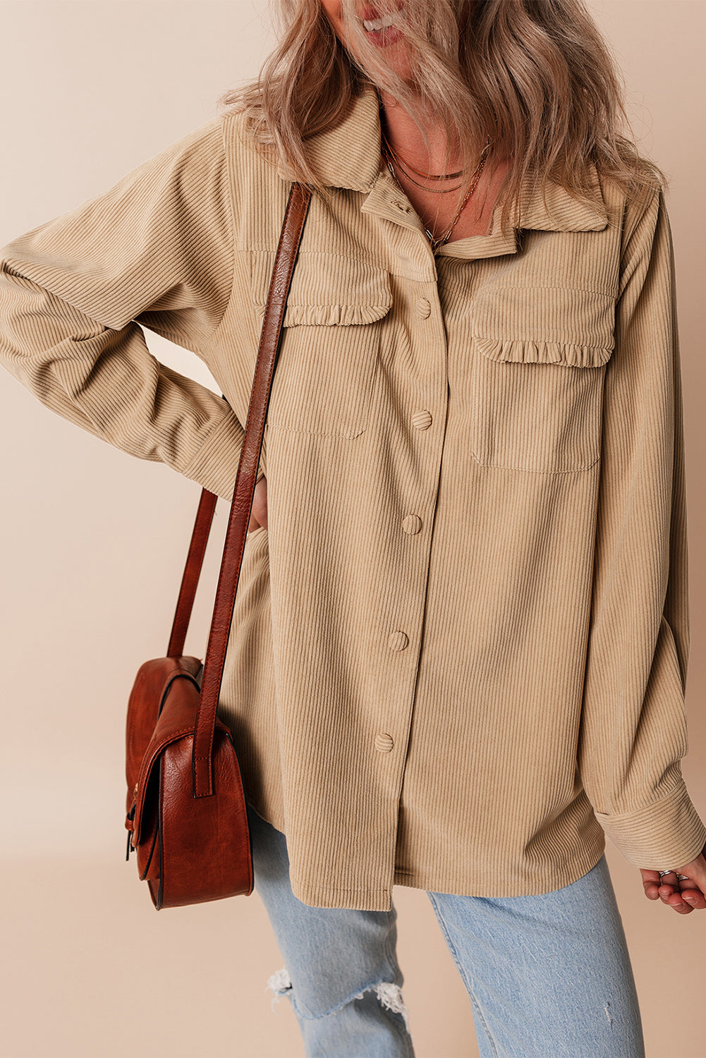 Solid Frilled Flap Pocket Button Up Corduroy Shacket | Light French Beige