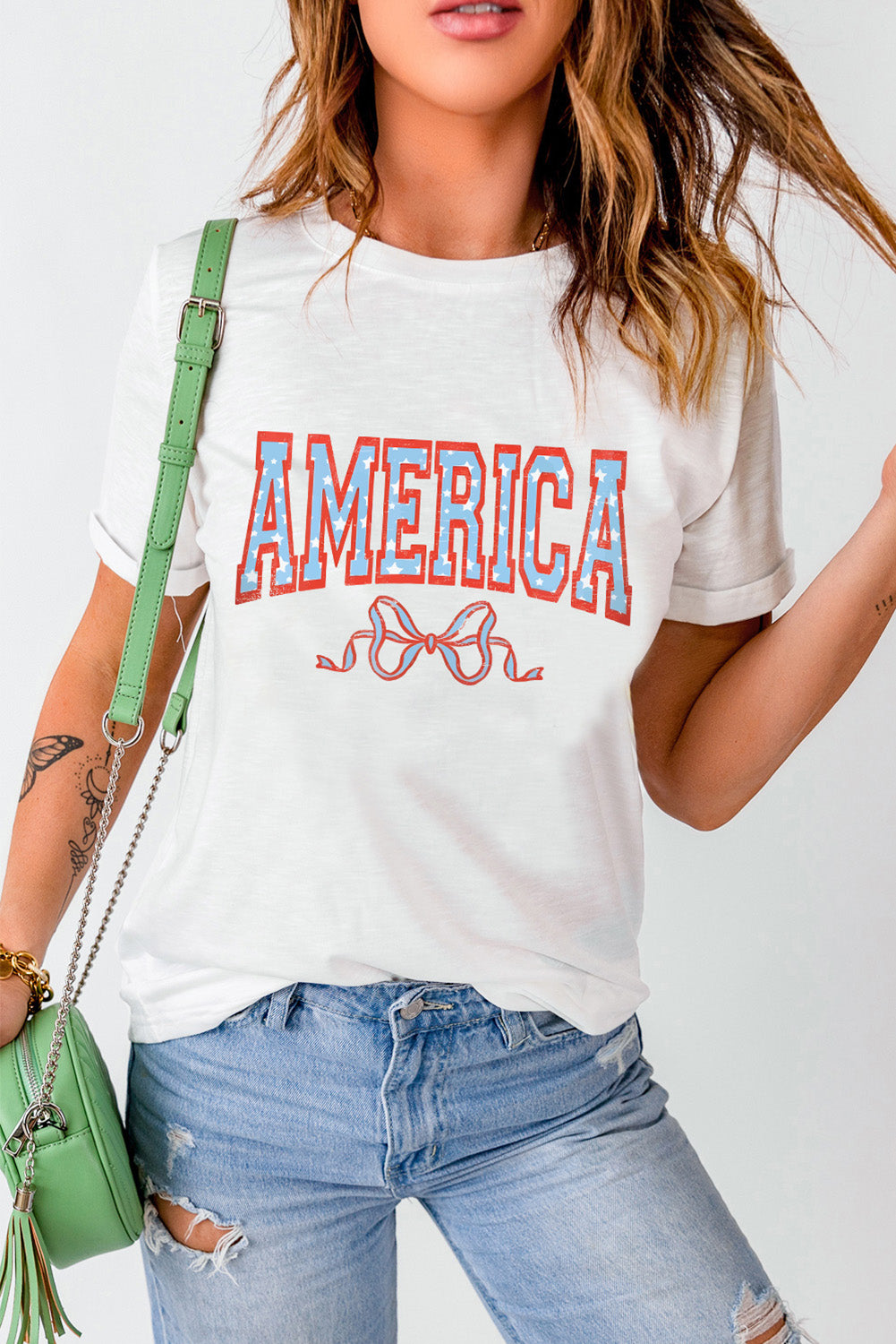 America Bow Knot Print Crew Neck Casual Tee | White