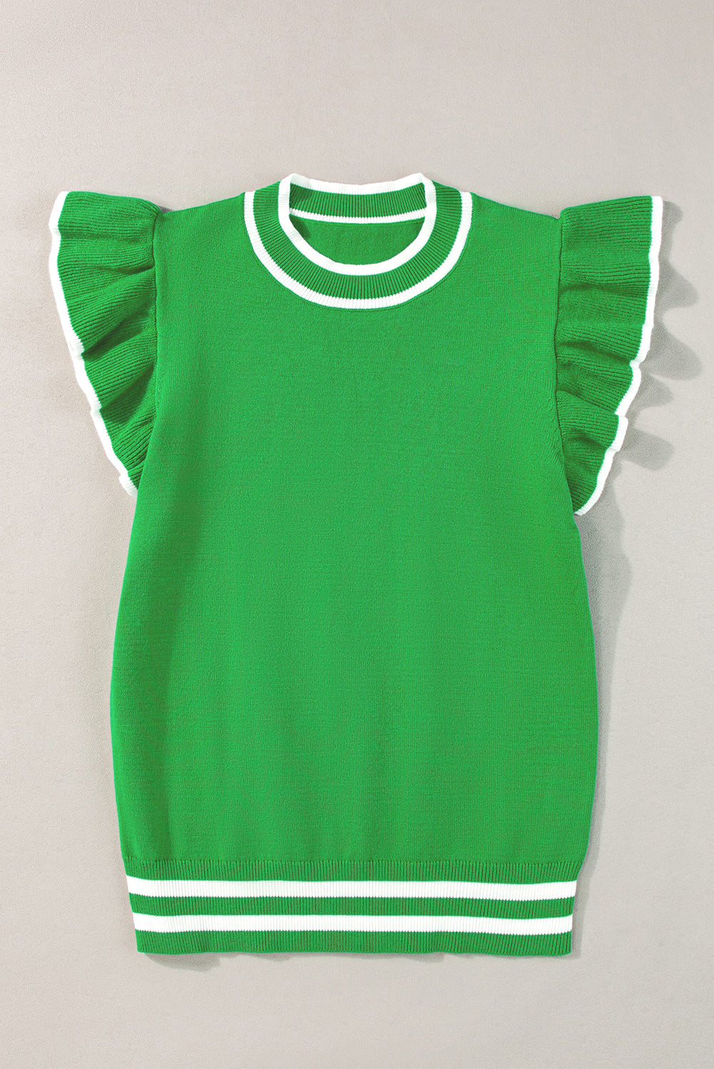 Edge Piping Ruffled Sleeve Round Neck Knit T Shirt | Bright Green