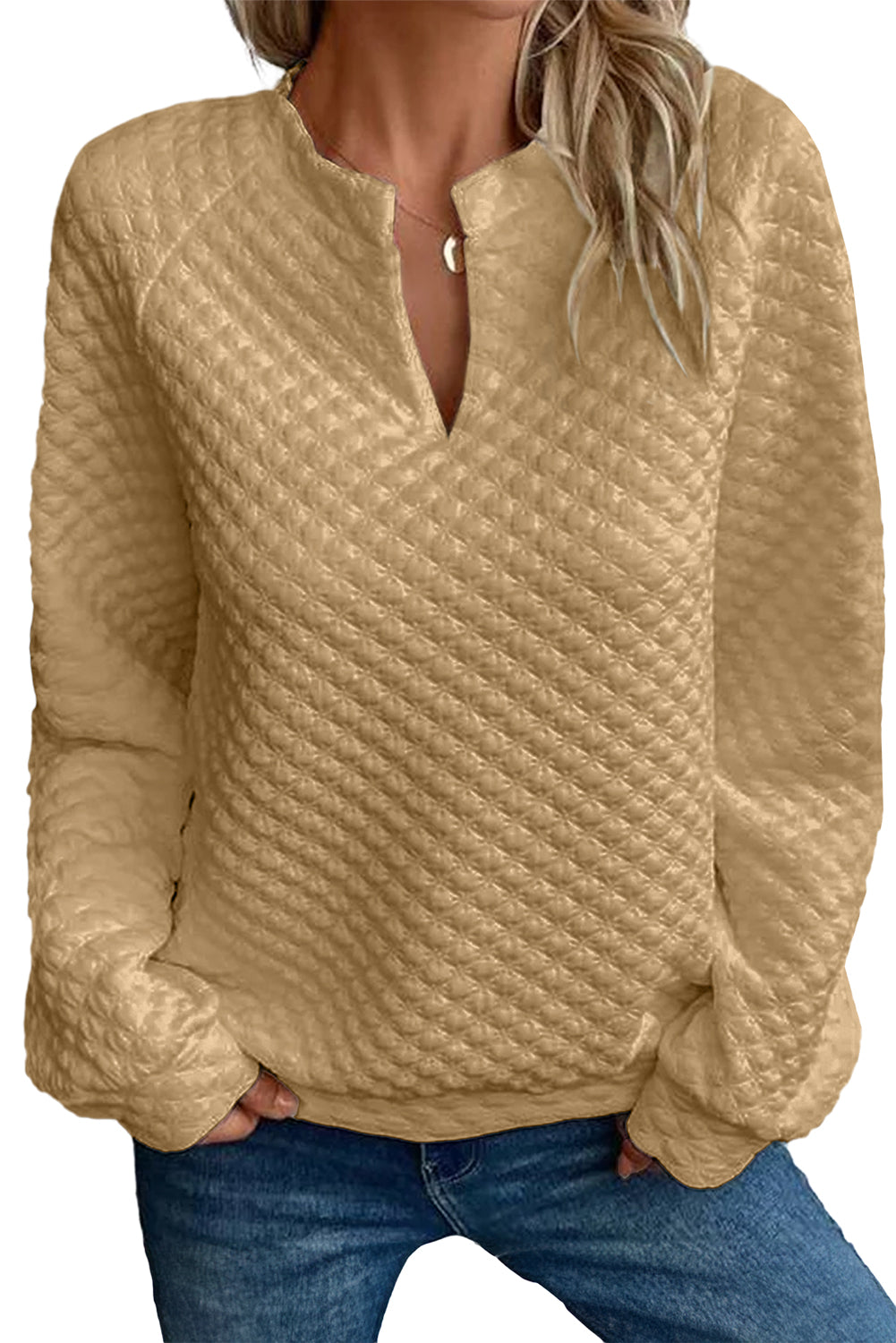 Split Neck Quilted Long Sleeve Top | Khaki