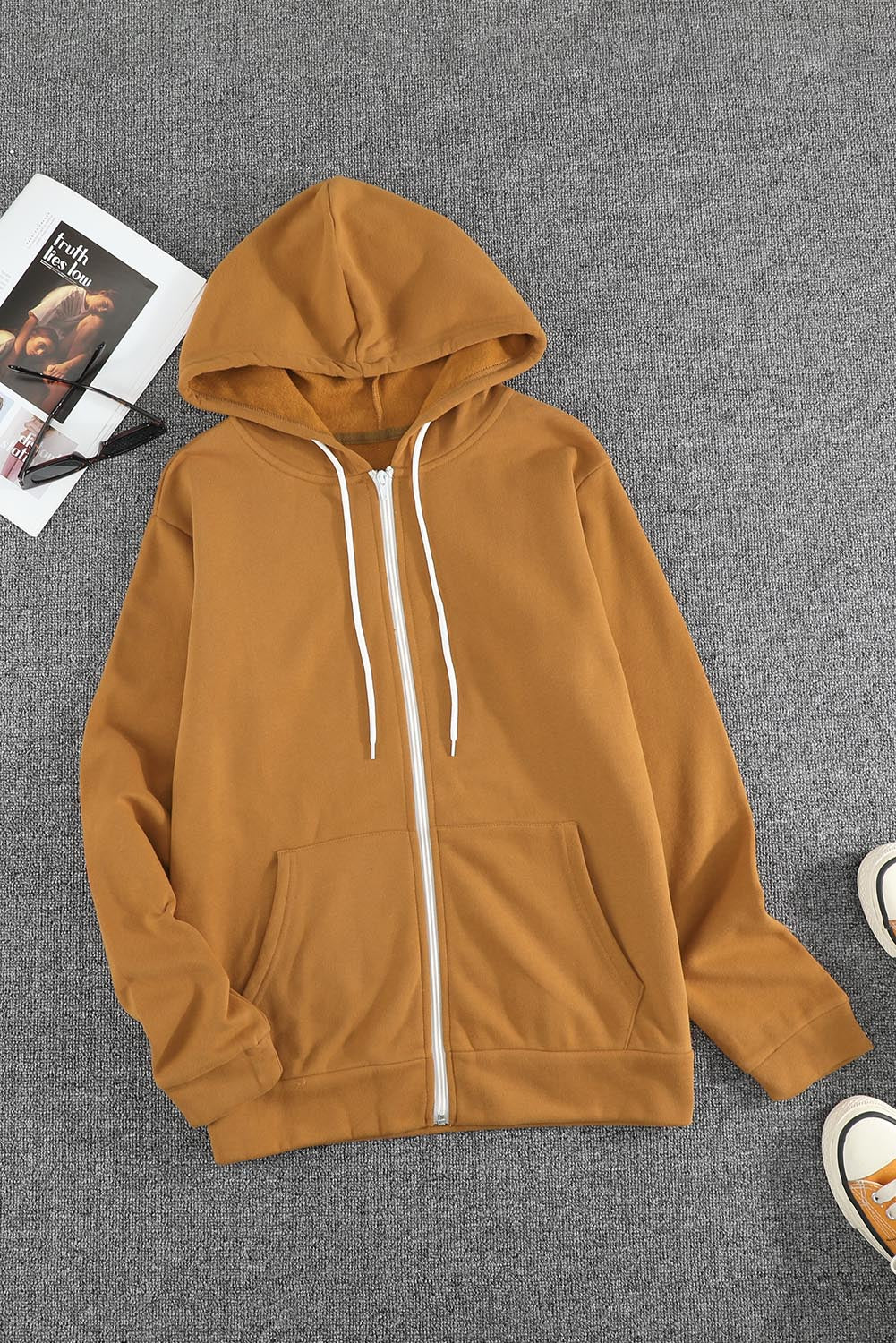 Zip-Up Pocket Drawstring Hoodie Jacket | Brown