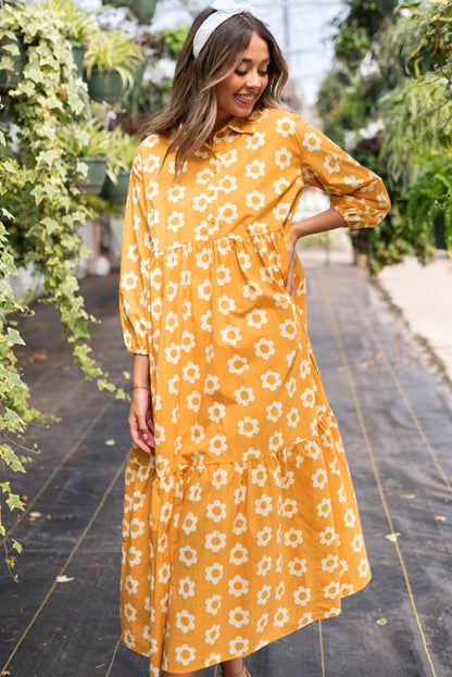 Flower Print Bracelet Sleeve Buttons Collared Maxi Dress | Yellow