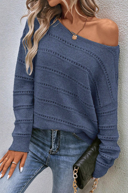 Boat Neck Drop Shoulder Pointelle Knit Sweater | Real Teal