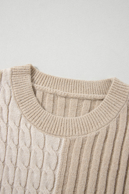 Cable Knit Colourblock Crew Neck Drop Shoulder Sweater | Khaki