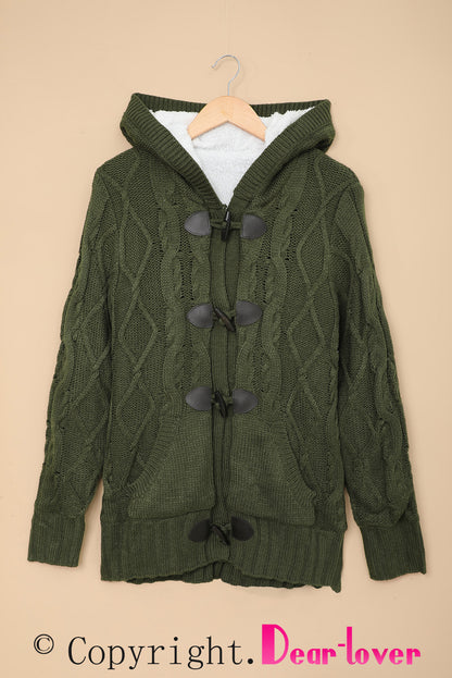 Army  Fur Hood Horn Button Sweater Cardigan | Green