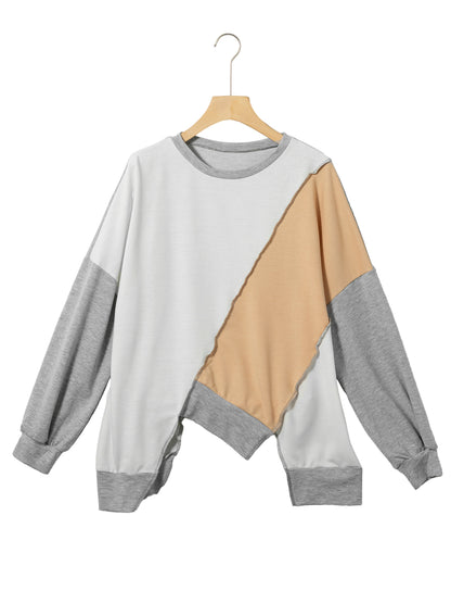 Light French Beige Colourblock Stitching Irregular Hem Long Sleeve Top | Flaxen