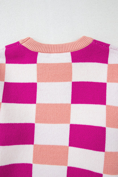 Checkered Ribbed Edge O Neck Drop Shoulder Sweater | Pink