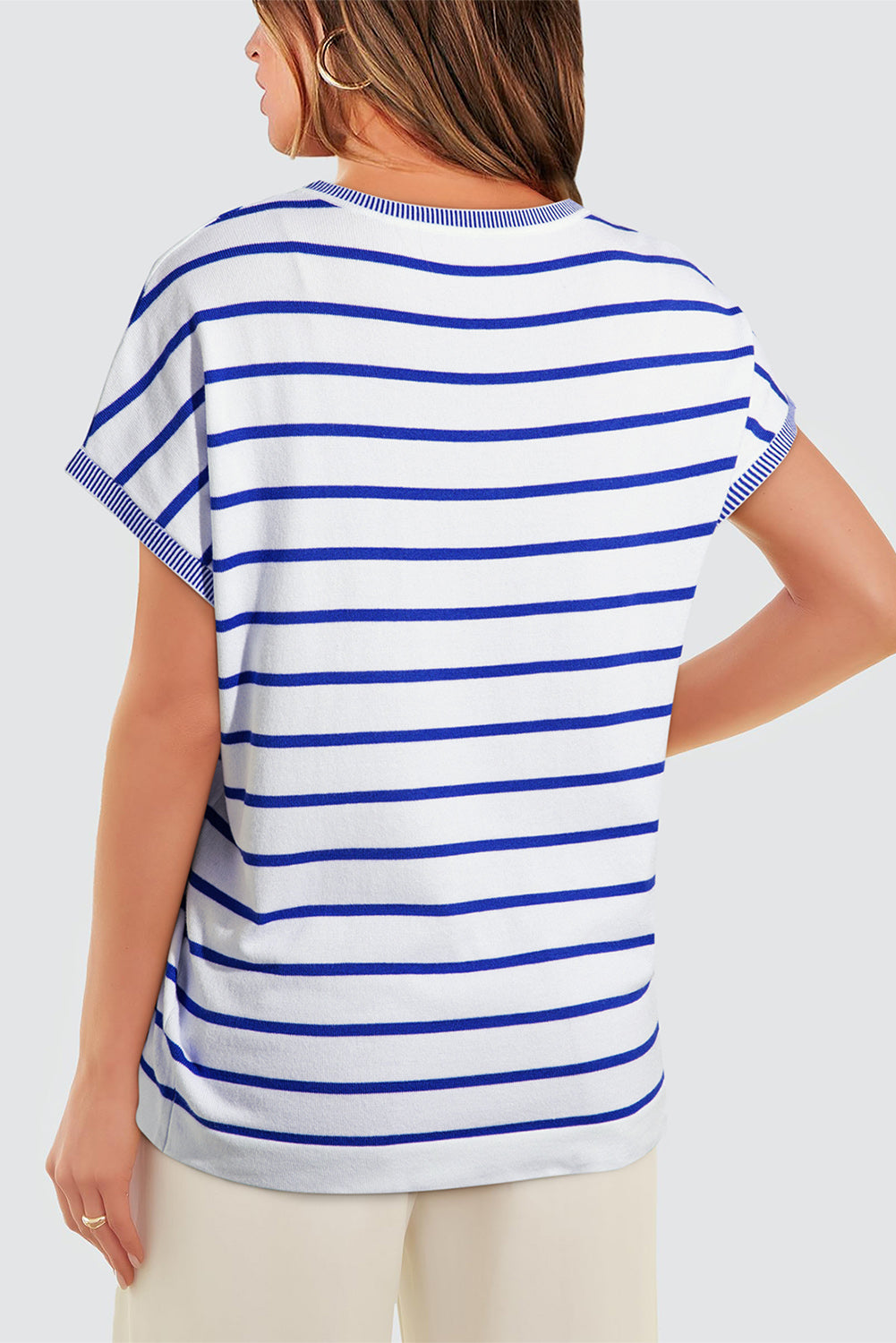 Knitted Bat Sleeve T Shirt | Sky Blue Stripe