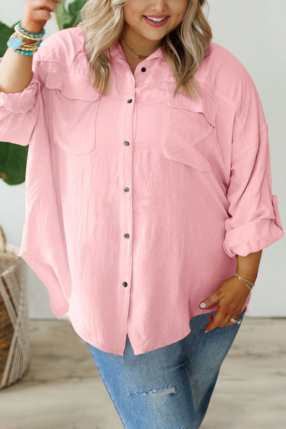 Flap Pocket Tab Sleeve Button-Down Plus Size Shirt | Pink