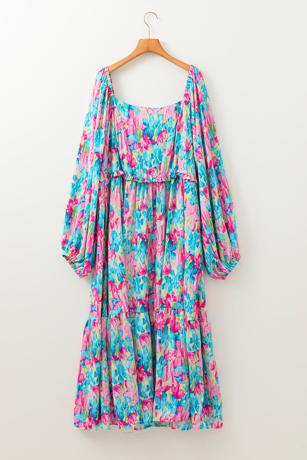 Floral Allover Print Shirred Square Neck Plus Size Maxi Dress | Sky Blue