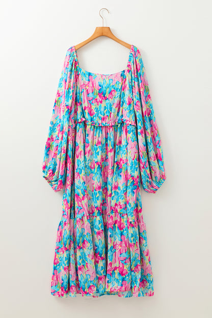 Floral Allover Print Shirred Square Neck Plus Size Maxi Dress | Sky Blue