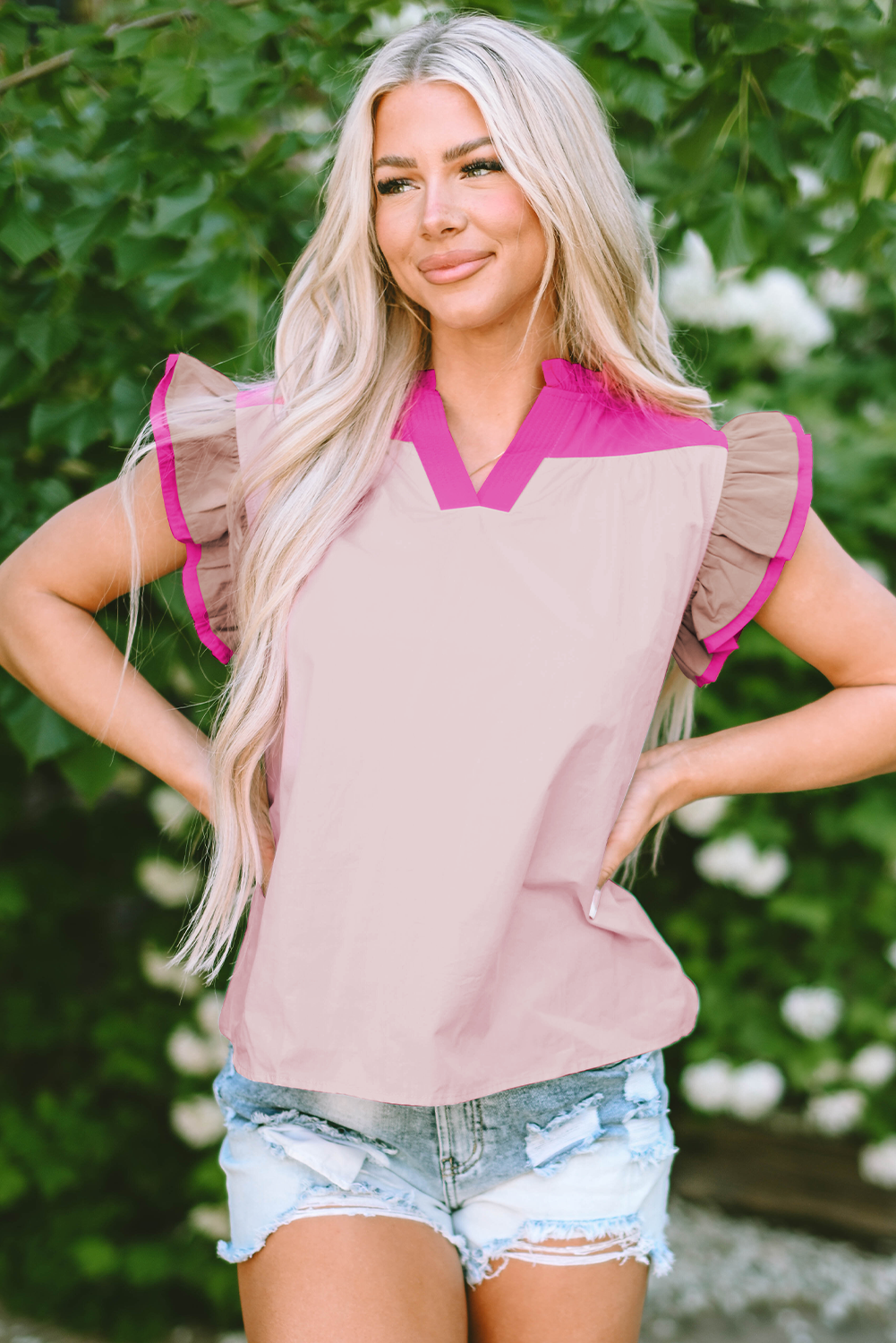 Colourblock Ruffled Sleeve Frill V Neck Blouse | Pink