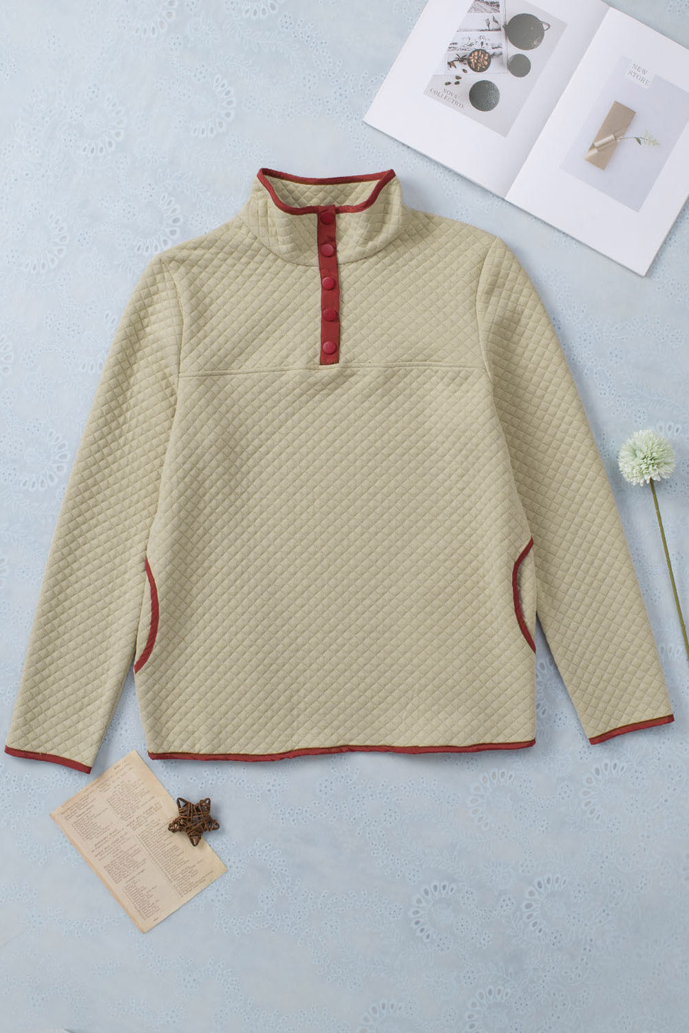 Contrast Binding Snap Button Geometric Pullover Sweatshirt | Beige