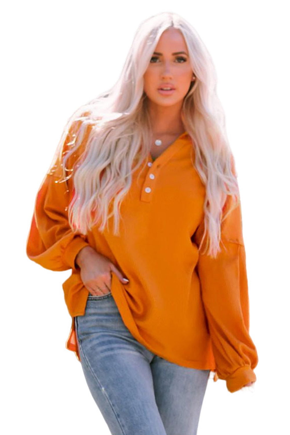 Buttoned V Neck Drop Shoulder Waffle Knit Top | Orange