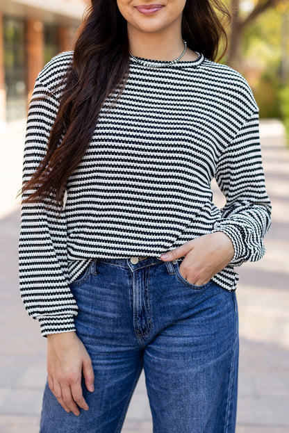 Round Neck Drop Shoulder Long Sleeve Top | Black Stripe