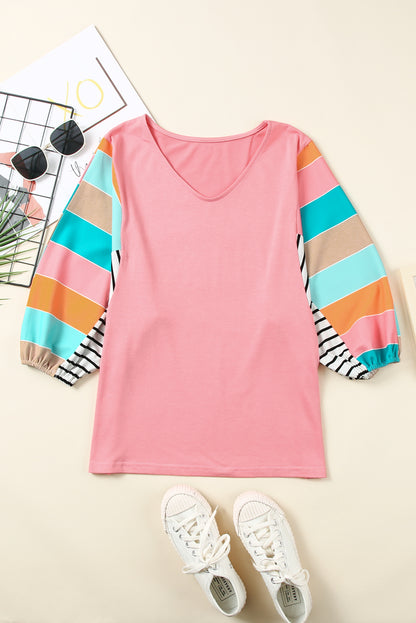 Stripe Colour Block Bubble Sleeve Top | Pink