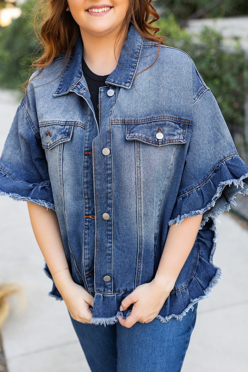 Ruffled Frayed Short Sleeve Plus Size Denim Jacket | Peacock Blue