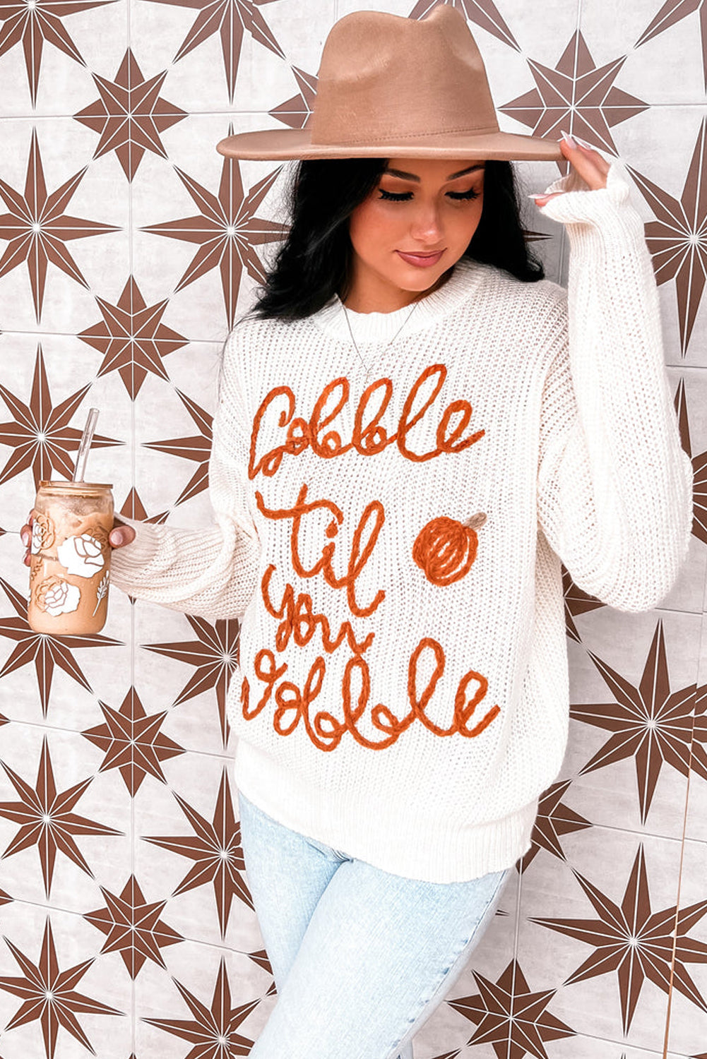 Gobble Til You Wobble Pop Up Crochet Plus Size Sweater | White