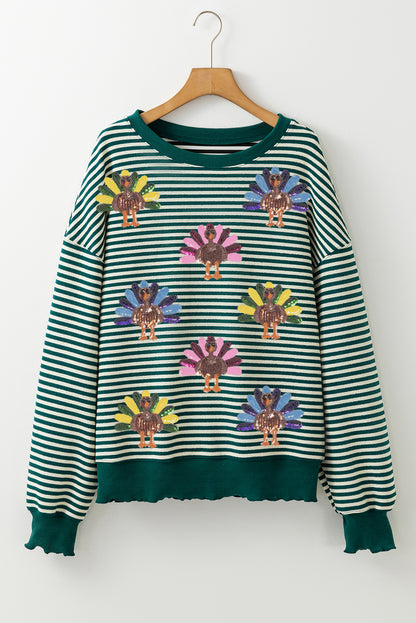 Turkey Pattern Drop Shoulder Pullover Top | Green Stripe