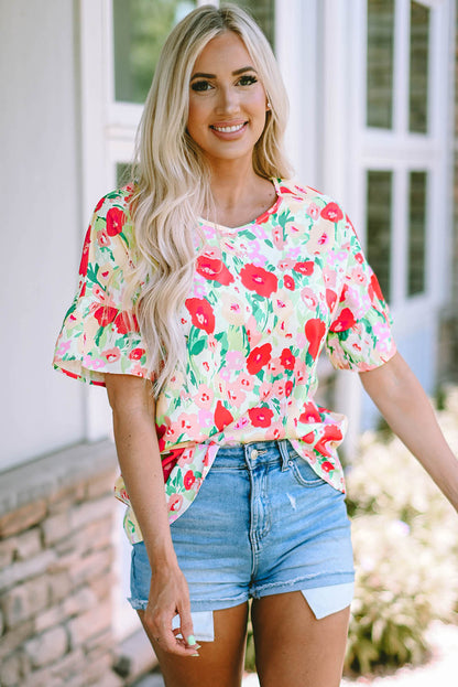 Fiery  Floral Print Ruffled Short Sleeve V Neck Blouse | Red