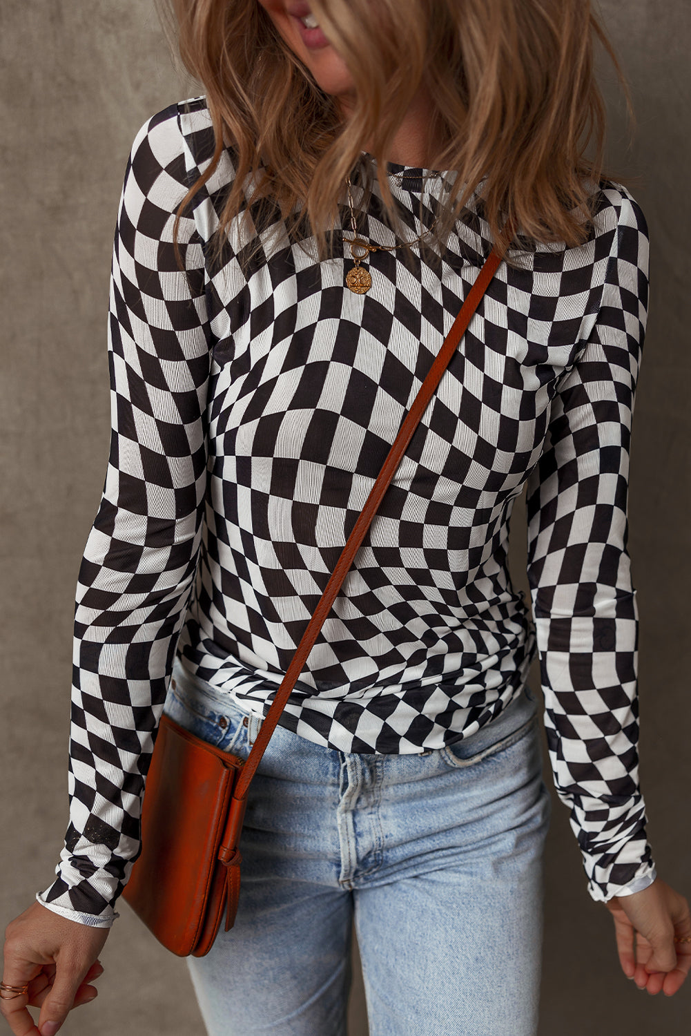 Checkered Pattern Mesh Mock Neck Long Sleeve Top | Black