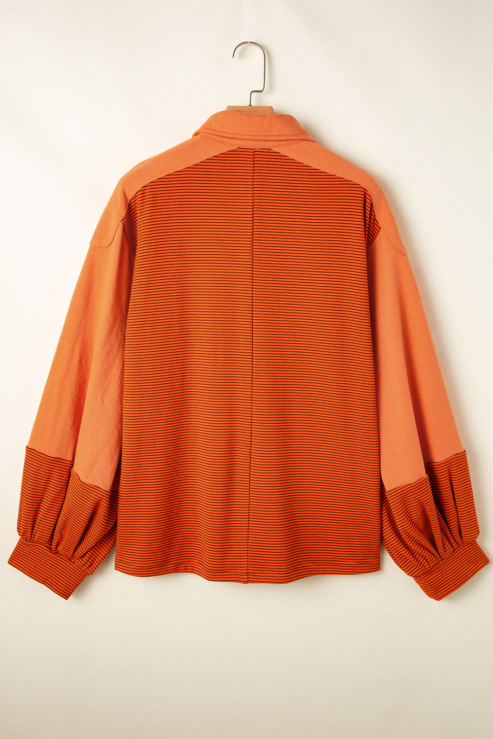 Exposed Seam Henley Turn-Down Neck Puff Sleeve Sweatshirt | Orange Stripe