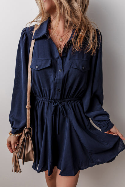 Solid Chest Pockets Tunic Shirt Mini Dress | Navy Blue