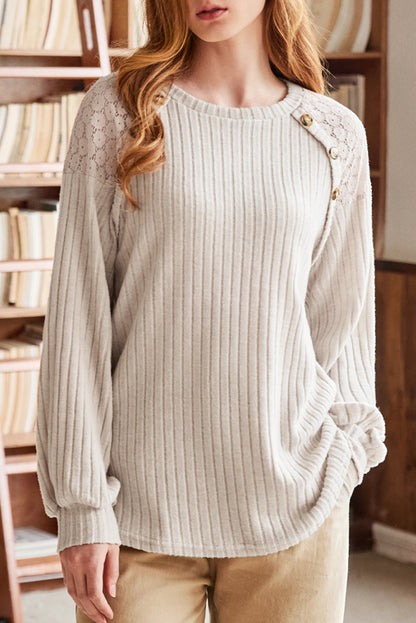 Contrast Lace Raglan Sleeve Buttoned Ribbed Top | Parchment