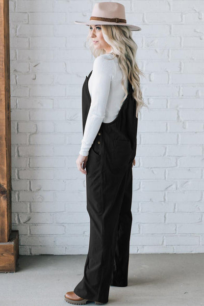 Solid Pocketed Loose Fit Corduroy Overall | Black