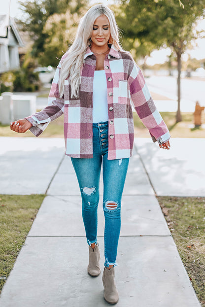 Plaid Colour Block Buttoned Long Sleeve Jacket With Pocket | Red