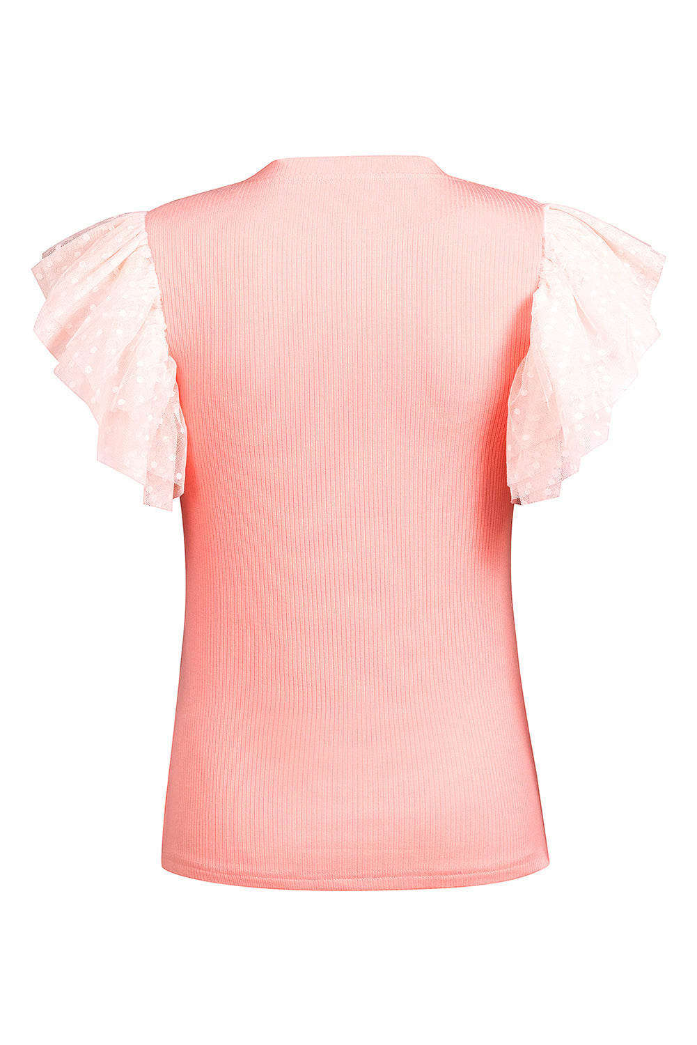 Dotty Mesh Ruffle Sleeve Ribbed Knit Top | Pink