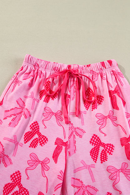 Bow Knot Print Lapel Collar Short Sleeve And Pants Pajamas Set | Pink