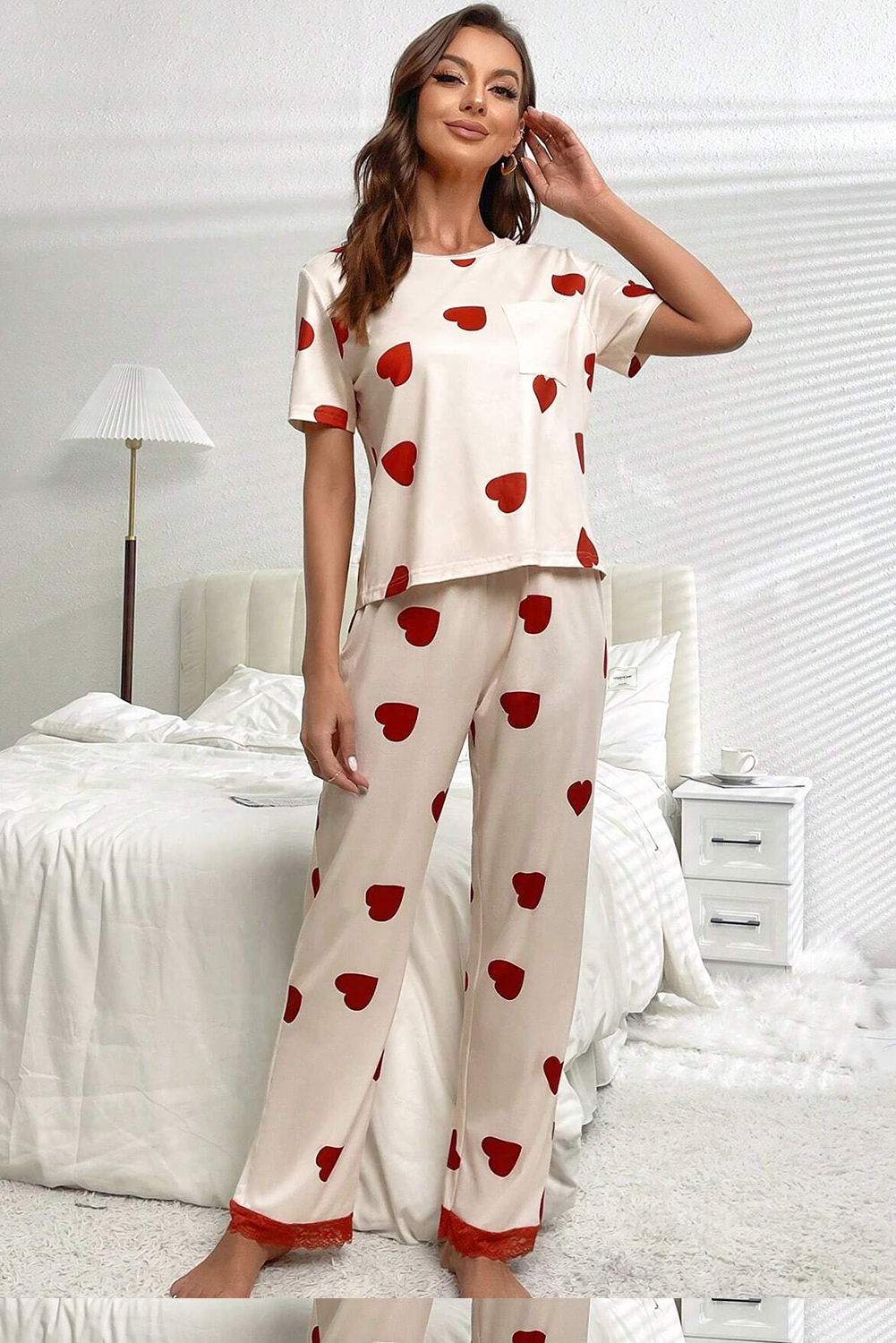 Valentines Heart Print Lace Hem Tee Pants Pajama Set | White