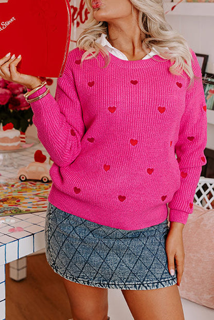 Heart Shape Drop Shoulder Round Neck Sweater | Rose Red