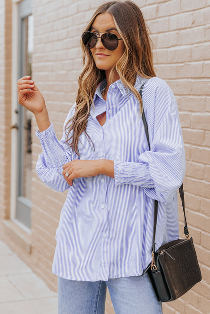 Smocked Cuffed Striped Boyfriend Shirt With Pocket | Sky Blue