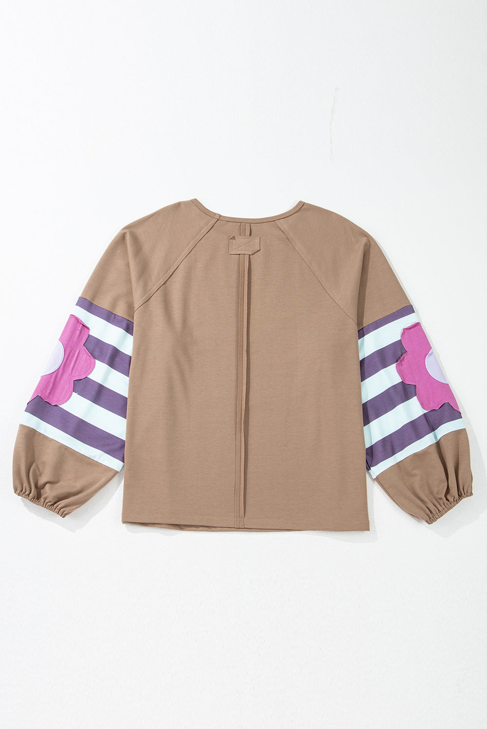 Flower Striped Patchwork Puff Sleeve Loose Sweatshirt | Light French Beige