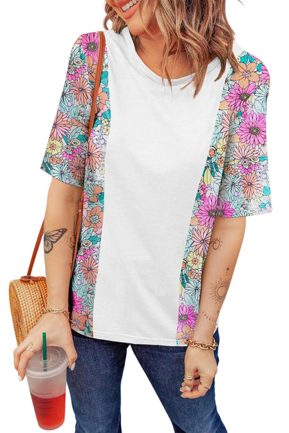 Floral Print Patchwork Short Sleeve Top | White