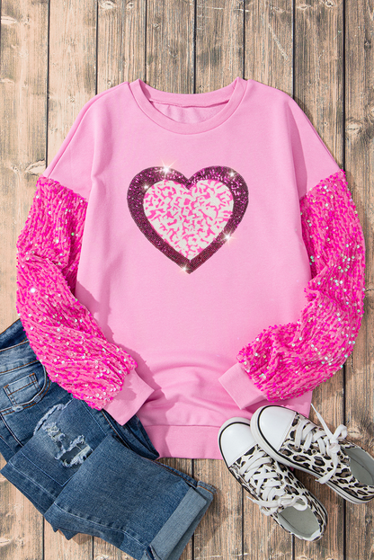 Leopard Heart Graphic Sequin Patchwork Long Sleeve Valentines Top | Pink